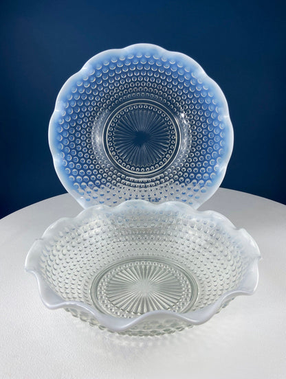 Vintage Moonstone Serving Set. Hobnail Large Bowl and Matching Plate. Salad or Fruit Bowl. Serving Platter. Modern Table Centerpiece.