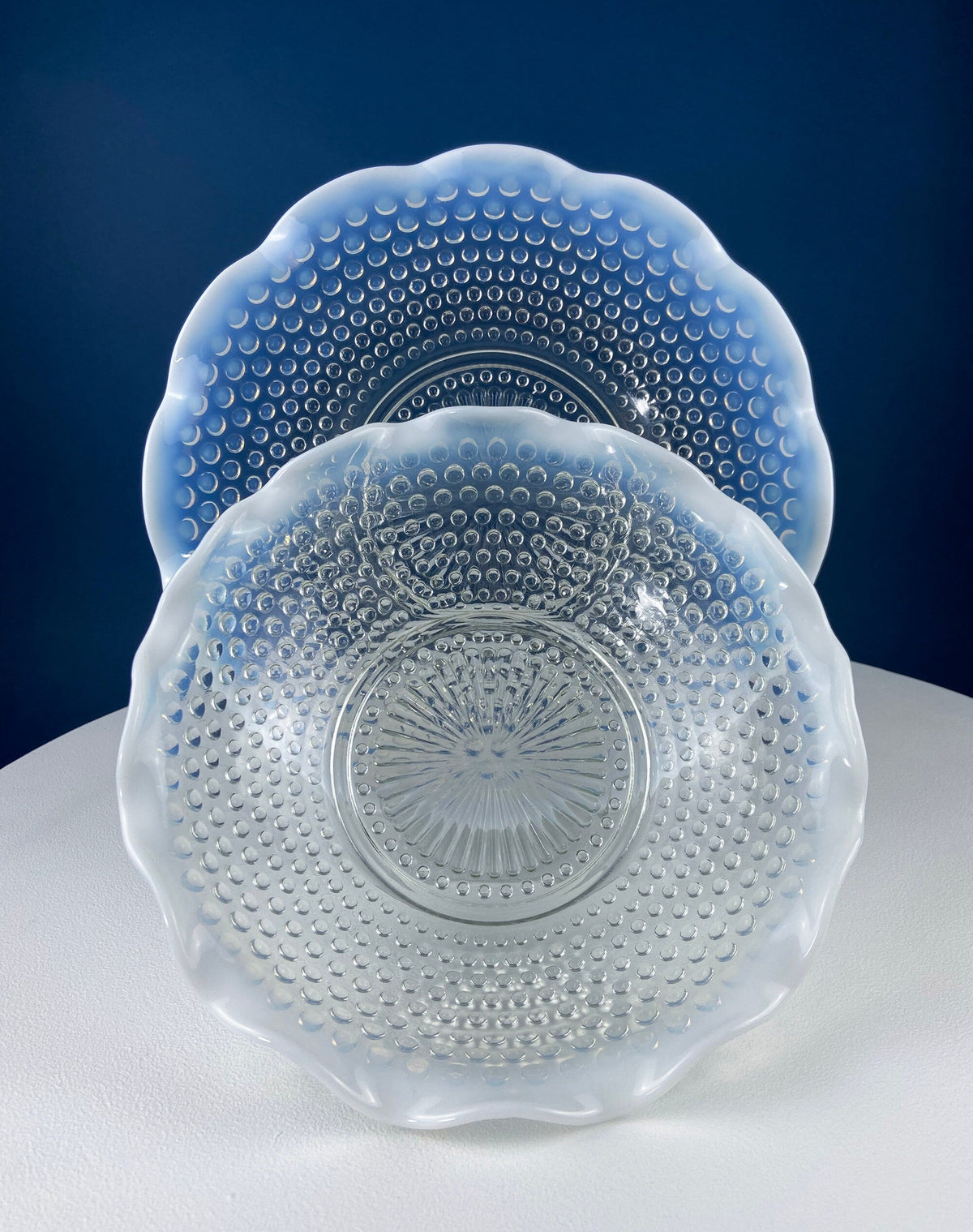 Vintage Moonstone Serving Set. Hobnail Large Bowl and Matching Plate. Salad or Fruit Bowl. Serving Platter. Modern Table Centerpiece.