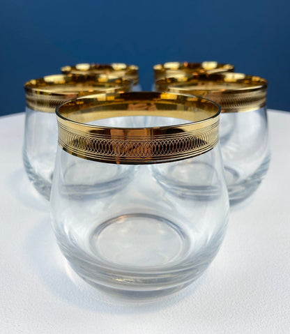 Set of 5 Whiskey or Scotch Stemless Glassware. Bold Gold Rim with Engraved Motif. Elegant Gift for Dad or Him. Office Bar.