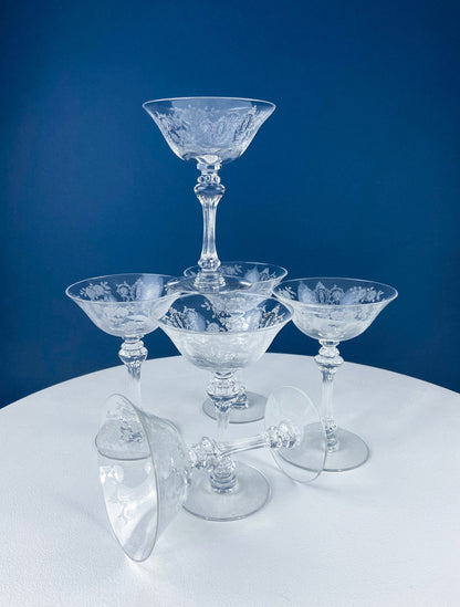 Vintage Tiffin Franciscan Champagne Stemware. Cherokee Rose Motif. Set of 8 Stunning Etched Champagne Glasses. Fine Dining. Fancy Barware.
