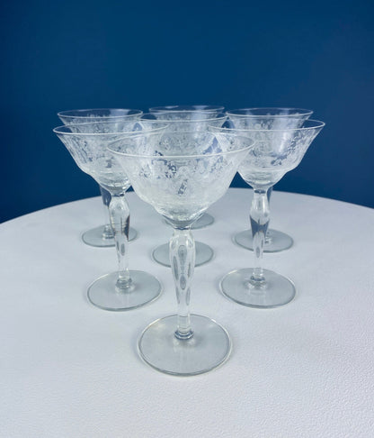 Vintage New Martinsville Tall Sherbet Champagne Glasses. Set of 7 Prelude Etched Stemware. Highly Collectible Barware. Wedding Registry.