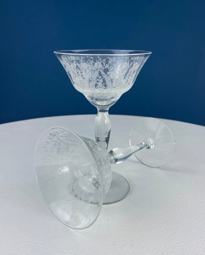 Vintage New Martinsville Tall Sherbet Champagne Glasses. Set of 7 Prelude Etched Stemware. Highly Collectible Barware. Wedding Registry.
