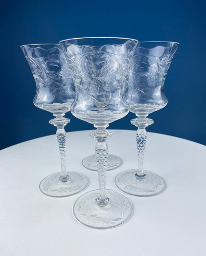 Vintage Champagne Tall Sherbets by Newton Crystal Co. 3365-3. Blown Glass. Swirl Optic & Cut Floral Motif. Set of 4 Glasses. Wedding Gift.