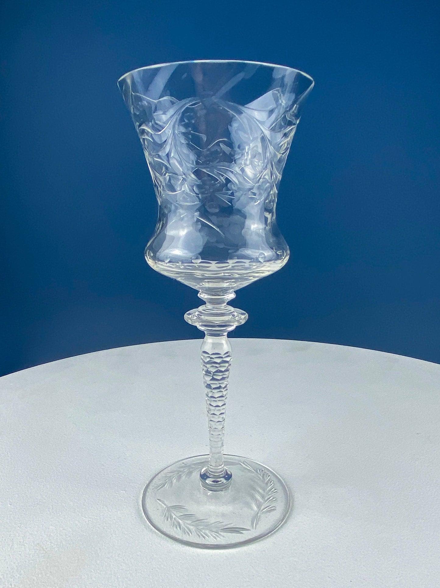 Vintage Wine or Water Goblets by Newton Crystal Co. Hand Blown Tall Stemware. Swirl Optic and Cut Floral. Stem #3365-3. Set of 4 Glasses.