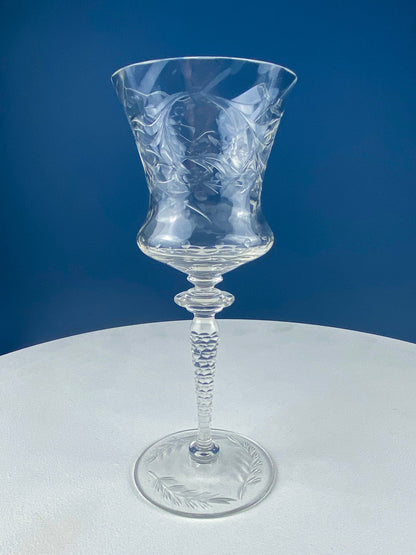 Vintage Wine or Water Goblets by Newton Crystal Co. Hand Blown Tall Stemware. Swirl Optic and Cut Floral. Stem #3365-3. Set of 4 Glasses.