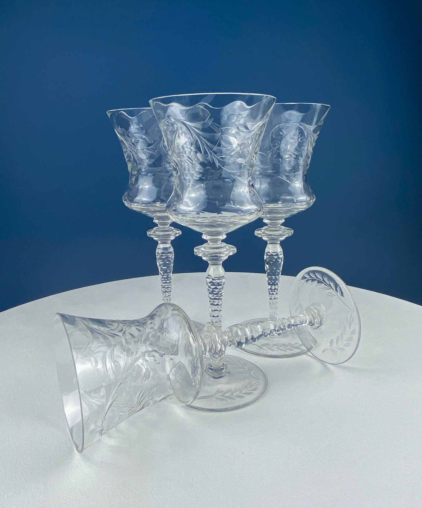 Vintage Wine or Water Goblets by Newton Crystal Co. Hand Blown Tall Stemware. Swirl Optic and Cut Floral. Stem #3365-3. Set of 4 Glasses.