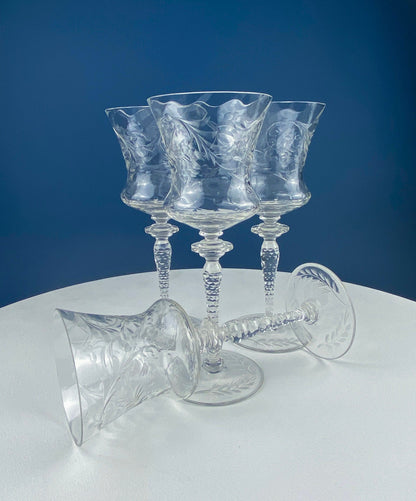 Vintage Wine or Water Goblets by Newton Crystal Co. Hand Blown Tall Stemware. Swirl Optic and Cut Floral. Stem #3365-3. Set of 4 Glasses.