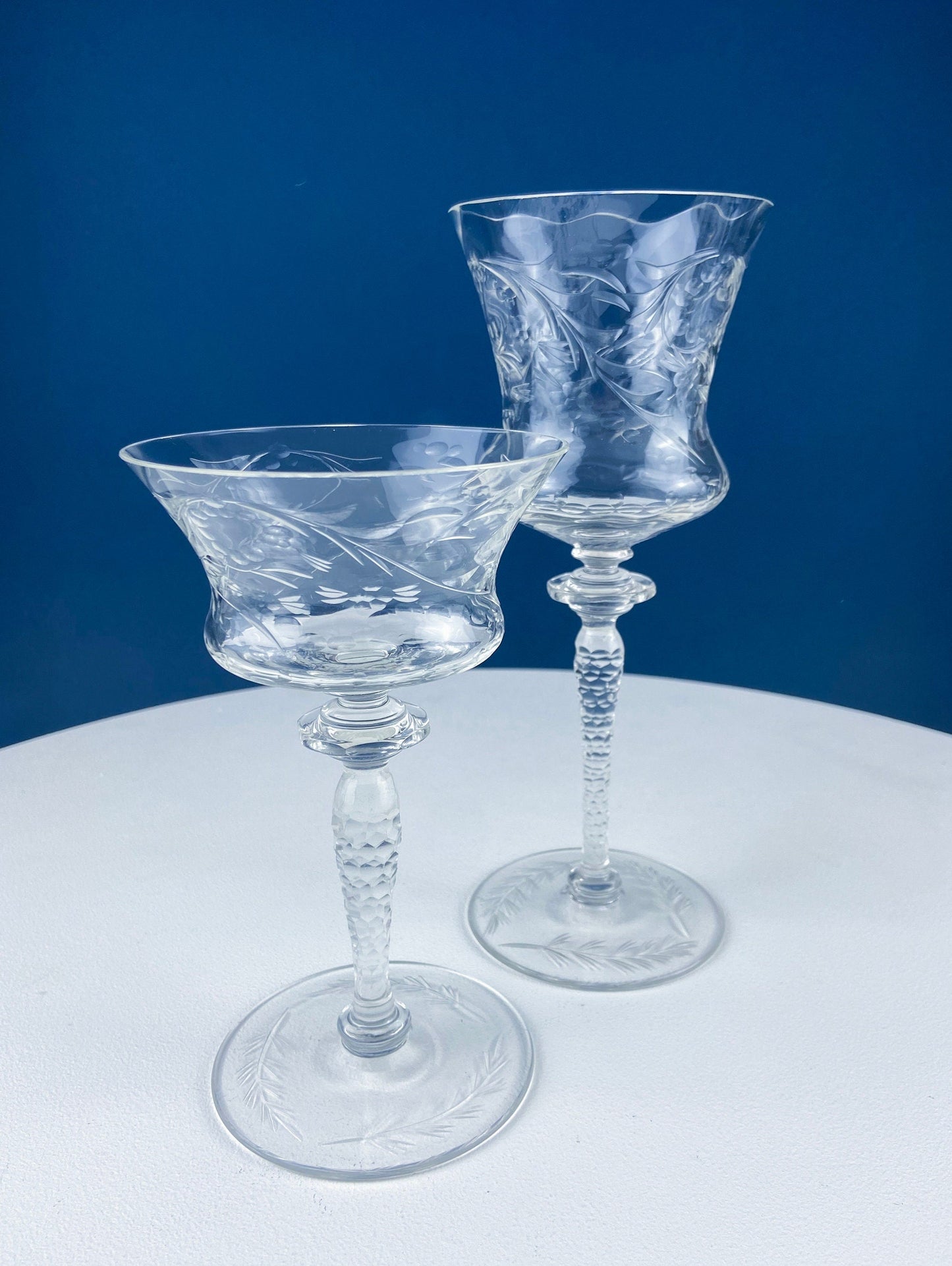 Vintage Wine or Water Goblets by Newton Crystal Co. Hand Blown Tall Stemware. Swirl Optic and Cut Floral. Stem #3365-3. Set of 4 Glasses.