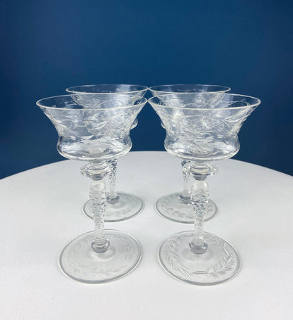 Vintage Wine or Water Goblets by Newton Crystal Co. Hand Blown Tall Stemware. Swirl Optic and Cut Floral. Stem #3365-3. Set of 4 Glasses.