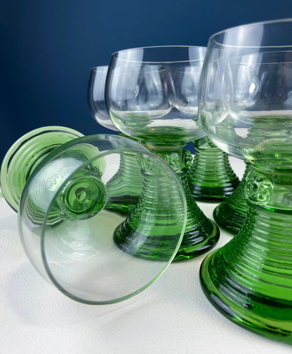 Hand Blown Wine, Water or Margarita Goblets. 6 Clear Bowls with Green Ribbed Stems. Roemer Green by CRISTAL D'ARQUES-DURAND. Wedding Gift.