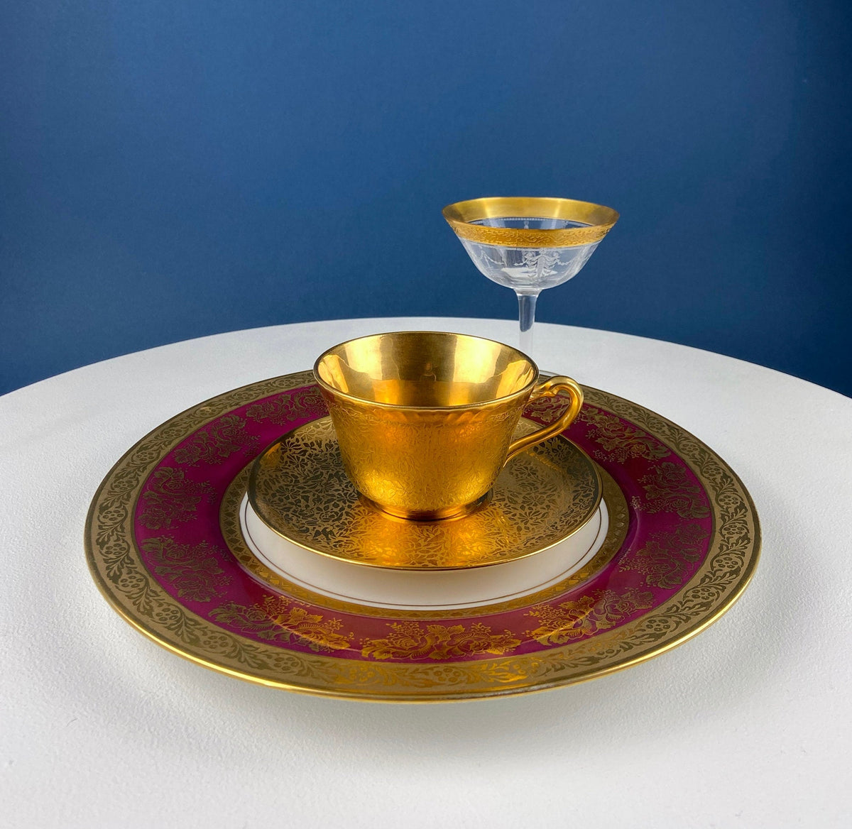 Gold on Gold Cup and Saucer by Wheeling, Germany, Paired with Stunning Gilded Hutschenreuther Serving Plate. Tea Set. Luxury Living.