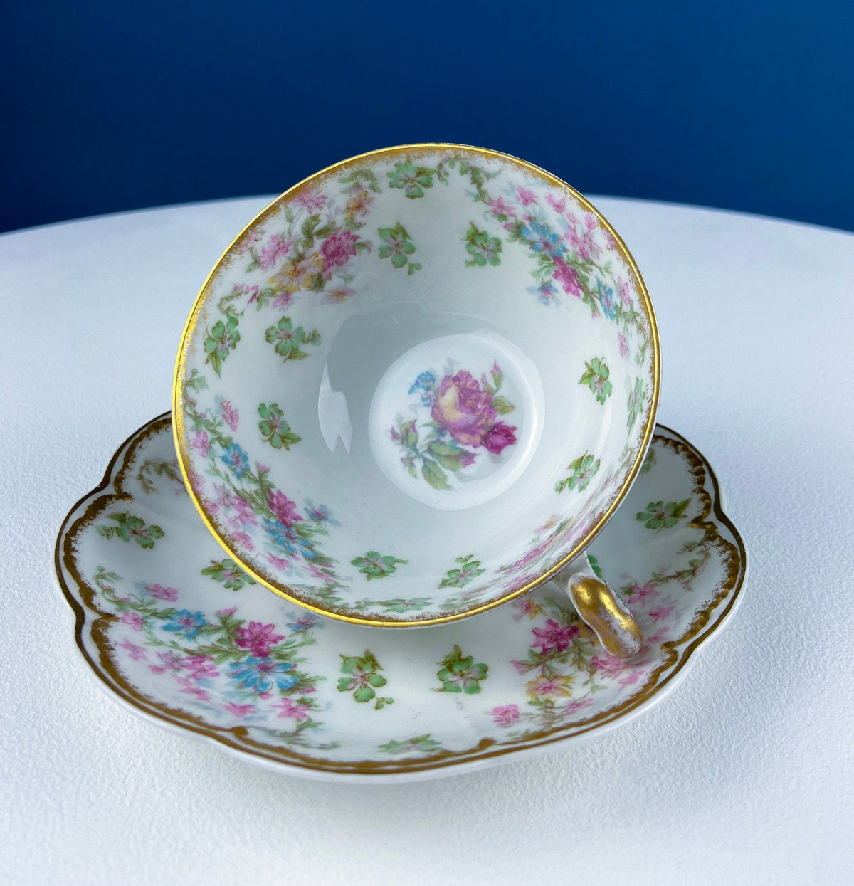 Very Light Weight Porcelain Cup and Saucer. M&K Austria. Delicate Rose Garlands and Scalloped Edges. Heart Shaped Handle. Gift for Her.