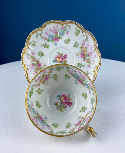 Very Light Weight Porcelain Cup and Saucer. M&K Austria. Delicate Rose Garlands and Scalloped Edges. Heart Shaped Handle. Gift for Her.
