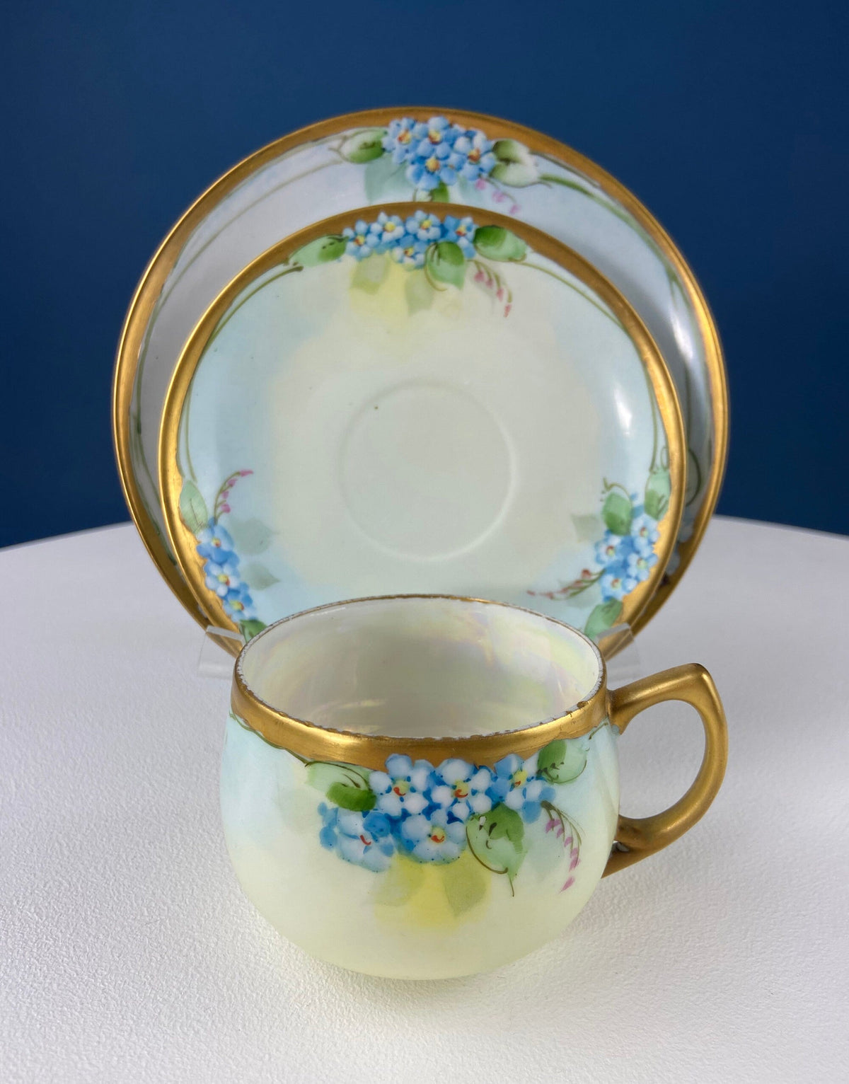 Antique Nippon Cup & Saucer Trio with Forget-Me-Not Motif. Hand Painted Porcelain. Collectible Porcelain.  Luxury Living.