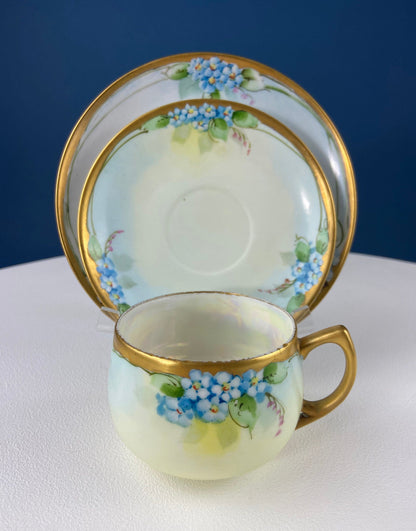 Antique Nippon Cup & Saucer Trio with Forget-Me-Not Motif. Hand Painted Porcelain. Collectible Porcelain.  Luxury Living.