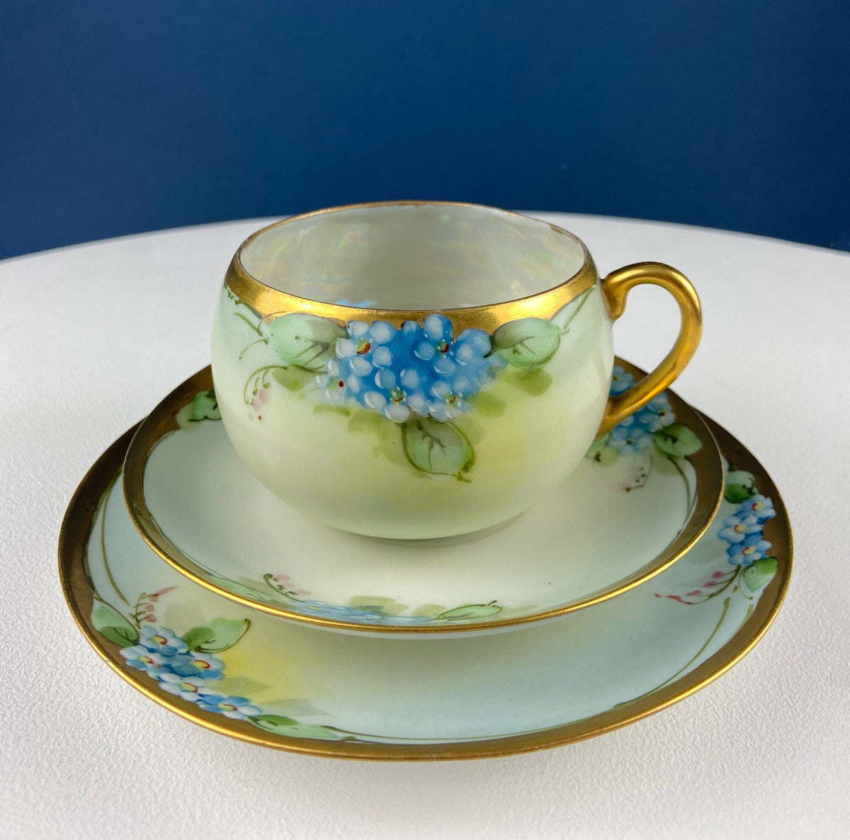 Antique Nippon Cup & Saucer Trio with Forget-Me-Not Motif. Hand Painted Porcelain. Collectible Porcelain.  Luxury Living.