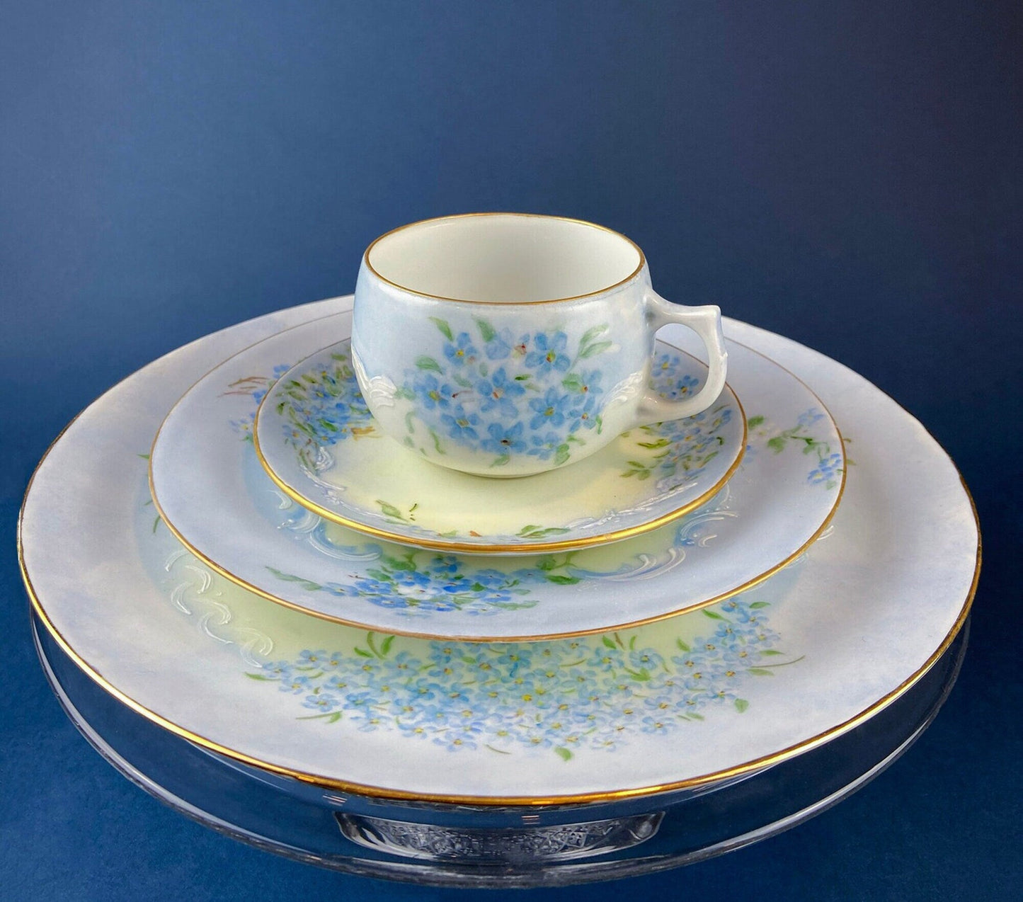 Antique Nippon Cup & Saucer Trio with Forget-Me-Not Motif. Hand Painted Porcelain. Collectible Porcelain.  Luxury Living.