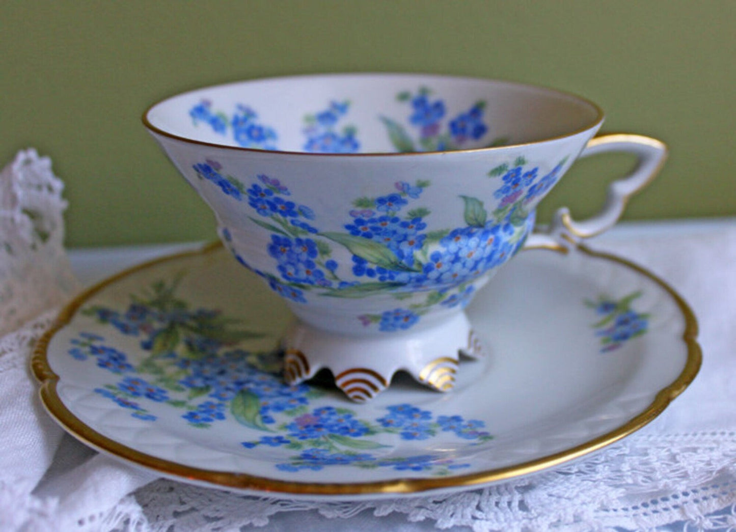 Antique Nippon Cup & Saucer Trio with Forget-Me-Not Motif. Hand Painted Porcelain. Collectible Porcelain.  Luxury Living.