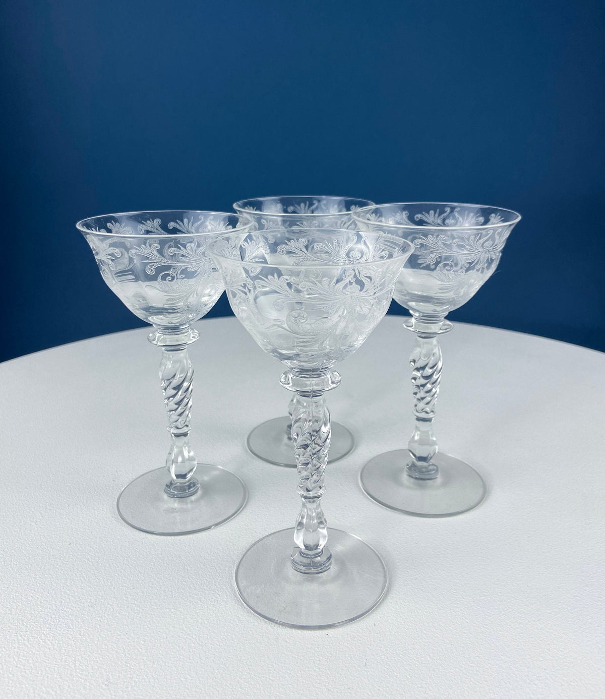 Tiffin Franciscan Sweet Wine Glasses. Set of Four Byzantine Etched Stemware. Floral Motif.