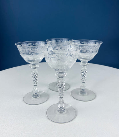 Tiffin Franciscan Sweet Wine Glasses. Set of Four Byzantine Etched Stemware. Floral Motif.