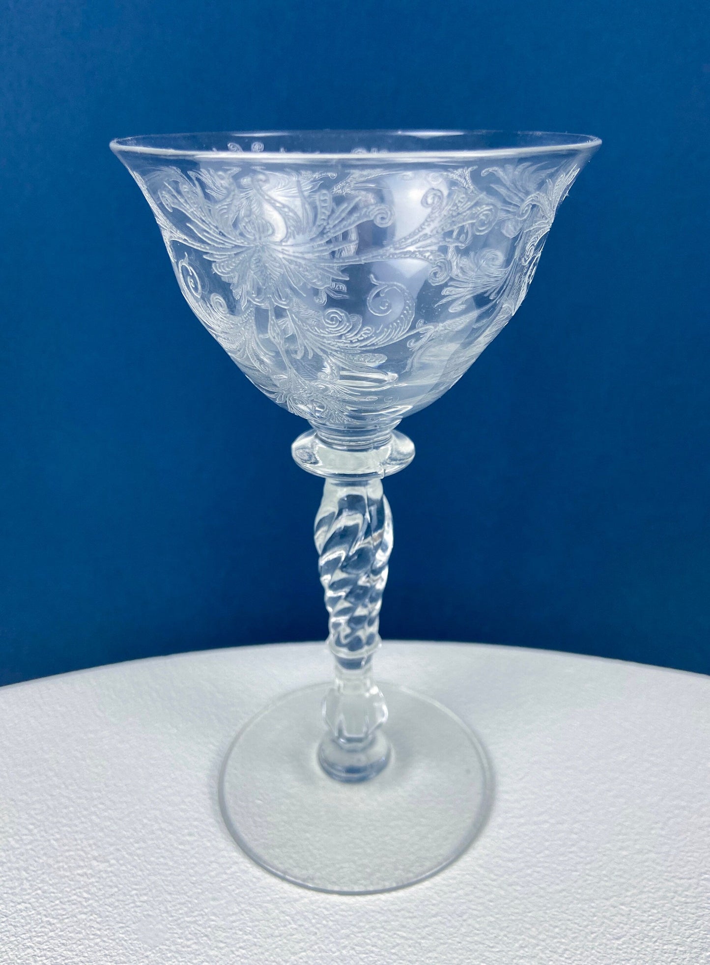Tiffin Franciscan Sweet Wine Glasses. Set of Four Byzantine Etched Stemware. Floral Motif.