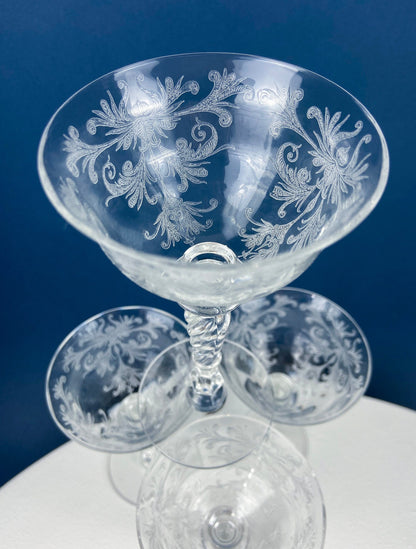 Tiffin Franciscan Sweet Wine Glasses. Set of Four Byzantine Etched Stemware. Floral Motif.