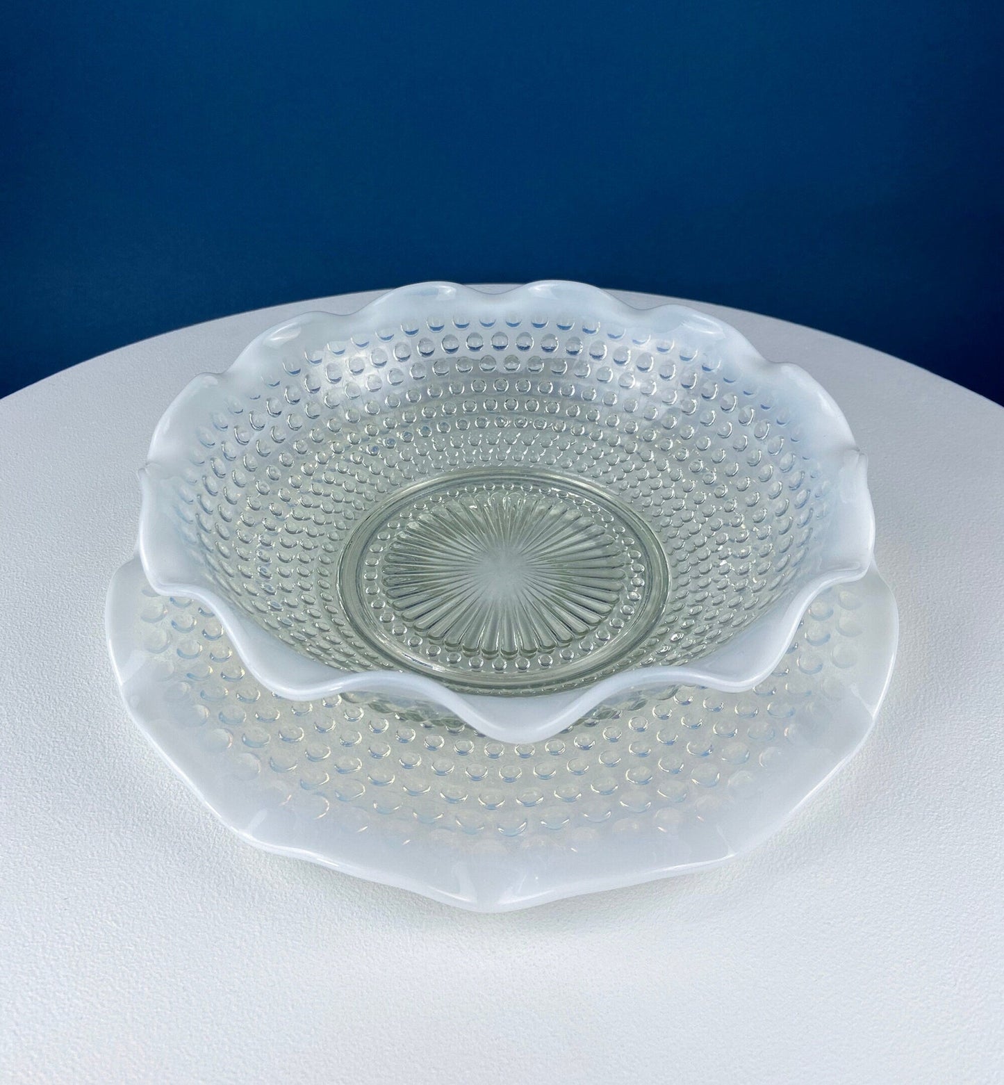 Vintage Moonstone Serving Set. Hobnail Large Bowl and Matching Plate. Salad or Fruit Bowl. Serving Platter. Modern Table Centerpiece.