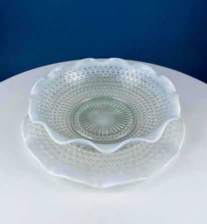Vintage Moonstone Serving Set. Hobnail Large Bowl and Matching Plate. Salad or Fruit Bowl. Serving Platter. Modern Table Centerpiece.