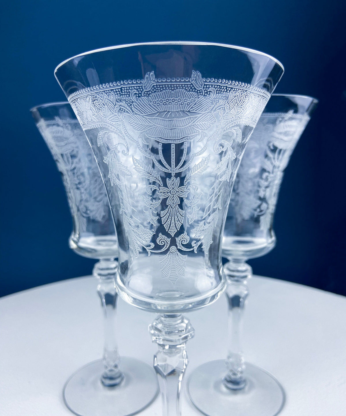 Vintage Etched Poppies Wine/Water Crystal Goblets. Mayfield by Tiffin Franciscan. Set of 7 Stunning Art Nouveau/Art Deco Stemware.