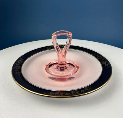 Antique Pink Glass Serving Plate with Center Handle & Black Rim. Delicate Gold Motif of Lotuses. Art Deco Cookies, Cupcakes, Sweets Platter.