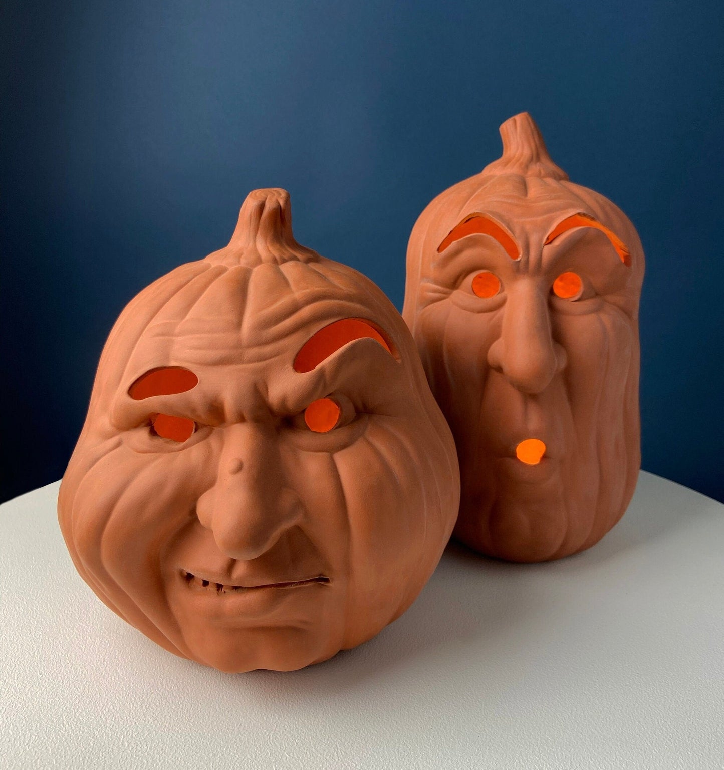 Set of Two Large Clay Pumpkins Making Scary Funny Faces. Candle or Light Kit. Halloween Thanksgiving Fall Decor. Home, Porch or Retail.