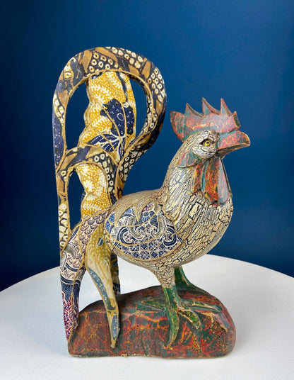 Set of 2 Wooden Hand Carved Rooster Figurines. Wood with Fabric Inlays & Gold Lines. Modern Farmhouse. Fall Decor. Table Centerpiece. Ethnic