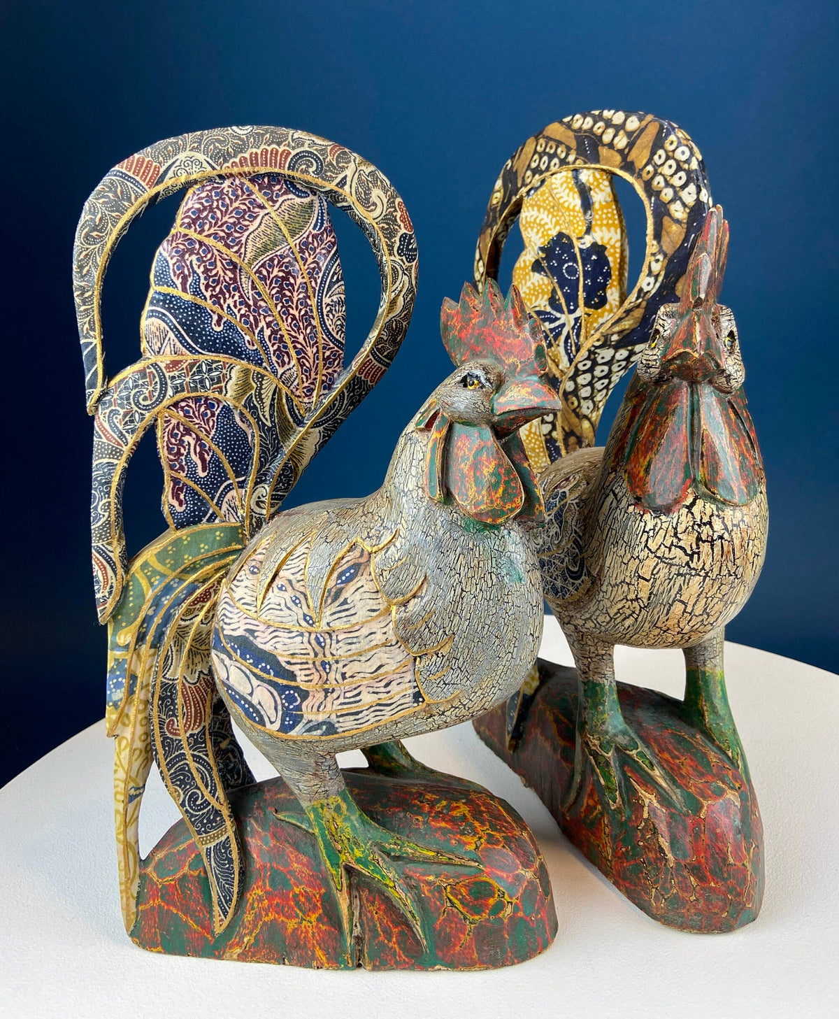 Set of 2 Wooden Hand Carved Rooster Figurines. Wood with Fabric Inlays & Gold Lines. Modern Farmhouse. Fall Decor. Table Centerpiece. Ethnic