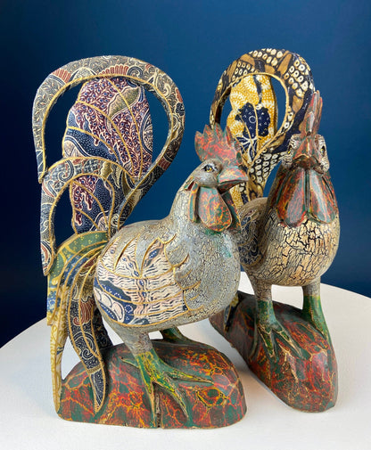 Set of 2 Wooden Hand Carved Rooster Figurines. Wood with Fabric Inlays & Gold Lines. Modern Farmhouse. Fall Decor. Table Centerpiece. Ethnic