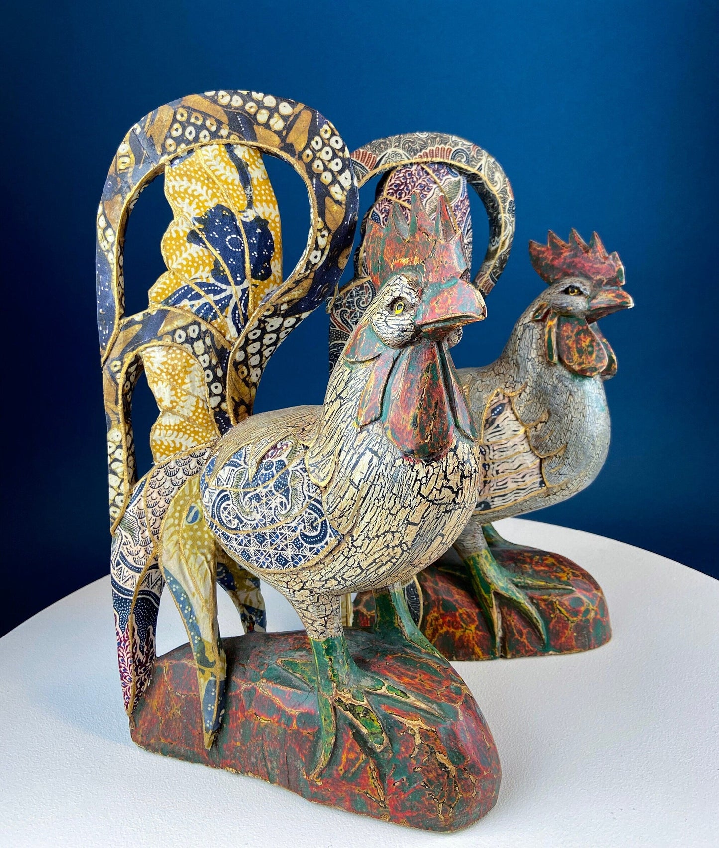 Set of 2 Wooden Hand Carved Rooster Figurines. Wood with Fabric Inlays & Gold Lines. Modern Farmhouse. Fall Decor. Table Centerpiece. Ethnic