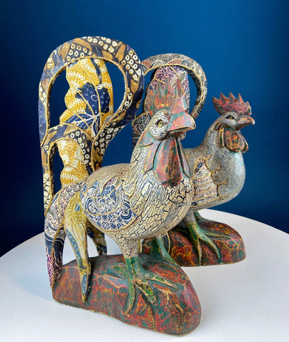 Set of 2 Wooden Hand Carved Rooster Figurines. Wood with Fabric Inlays & Gold Lines. Modern Farmhouse. Fall Decor. Table Centerpiece. Ethnic