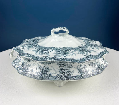 Antique Wedgwood Porcelain Tureen. Oval Soup Serving Dish with Black/White Motifs and Reliefs. Scalloped Edges. Family Dining. Holiday.