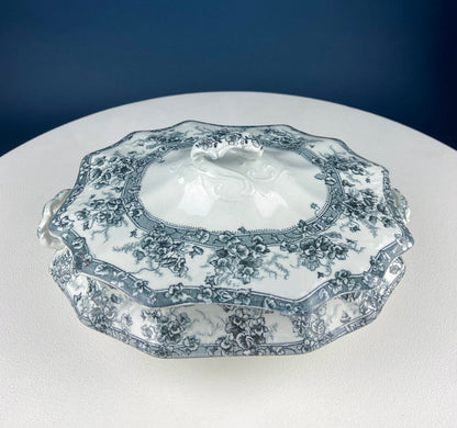Antique Wedgwood Porcelain Tureen. Oval Soup Serving Dish with Black/White Motifs and Reliefs. Scalloped Edges. Family Dining. Holiday.