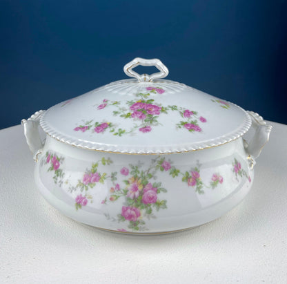 Antique Porcelain Tureen with Delicate Pink Roses. Bow Like Handles. Soup Serving Dish. Holiday Family Dining. Fine Table Setting.