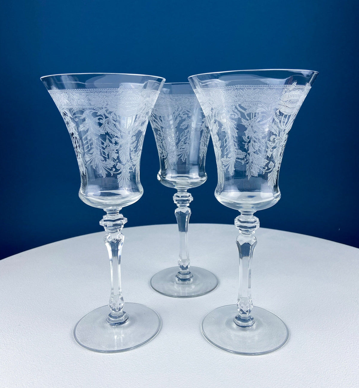 Vintage Etched Poppies Wine/Water Crystal Goblets. Mayfield by Tiffin Franciscan. Set of 7 Stunning Art Nouveau/Art Deco Stemware.