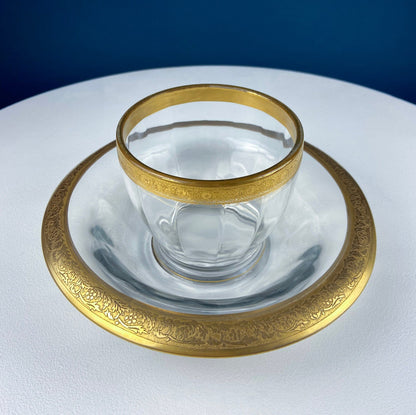 Antique Pink Glass Serving Plate with Center Handle & Black Rim. Delicate Gold Motif of Lotuses. Art Deco Cookies, Cupcakes, Sweets Platter.