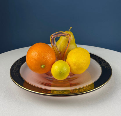 Antique Pink Glass Serving Plate with Center Handle & Black Rim. Delicate Gold Motif of Lotuses. Art Deco Cookies, Cupcakes, Sweets Platter.