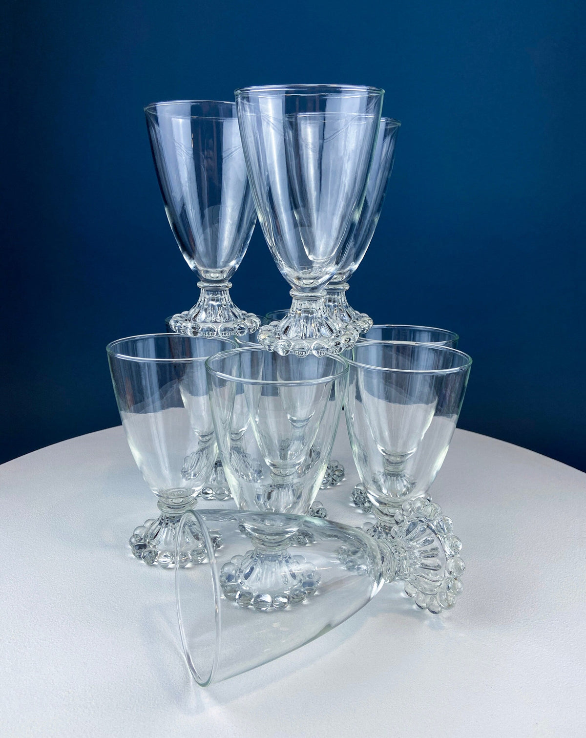 Anchor Hocking Water, Wine, Juice Goblets. Set of Six. Beaded Base. Berwick or Boopie Pattern. Mid C Modern Stemware. Dining Room Decor.
