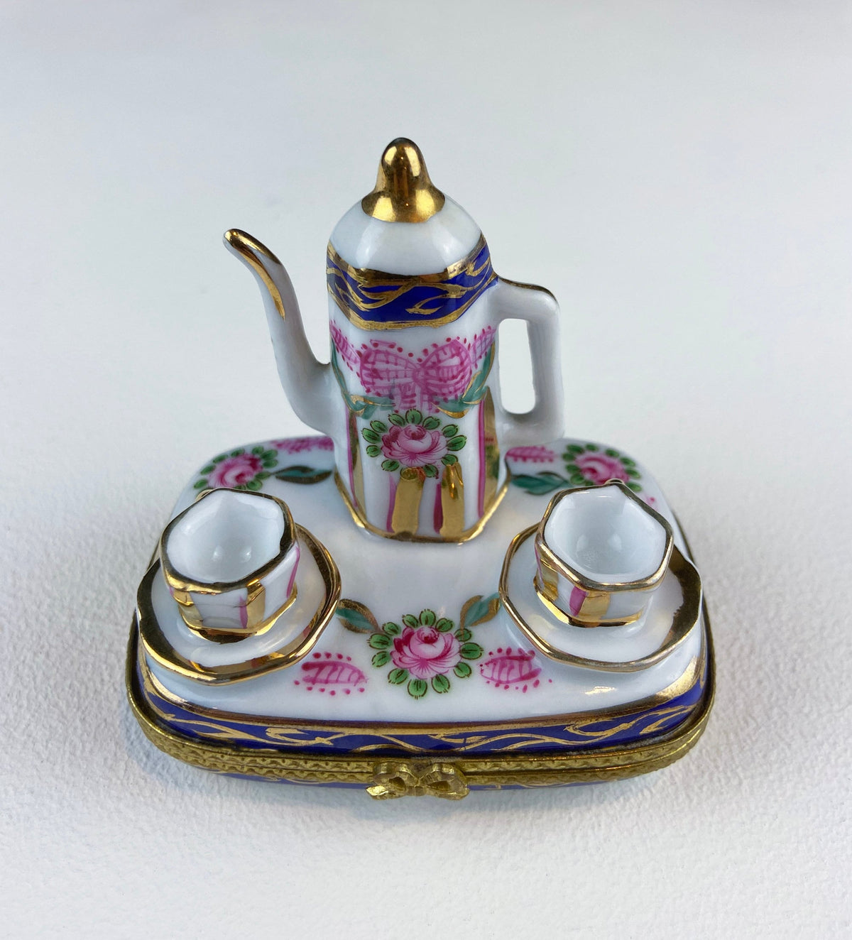 Tea Time Porcelain Limoges Box. Miniature Tea Setting, Tea/Coffee Pot & Cups with Floral Motif. Made in France. Highly Collectible.
