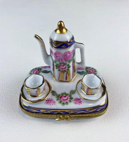 Tea Time Porcelain Limoges Box. Miniature Tea Setting, Tea/Coffee Pot & Cups with Floral Motif. Made in France. Highly Collectible.