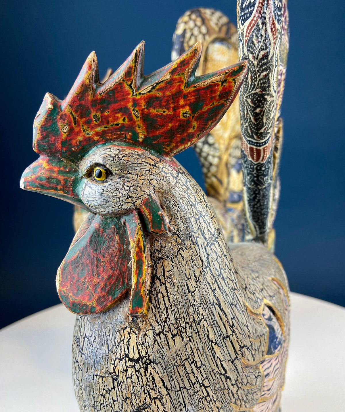 Set of 2 Wooden Hand Carved Rooster Figurines. Wood with Fabric Inlays & Gold Lines. Modern Farmhouse. Fall Decor. Table Centerpiece. Ethnic
