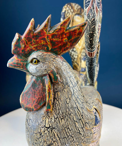 Set of 2 Wooden Hand Carved Rooster Figurines. Wood with Fabric Inlays & Gold Lines. Modern Farmhouse. Fall Decor. Table Centerpiece. Ethnic