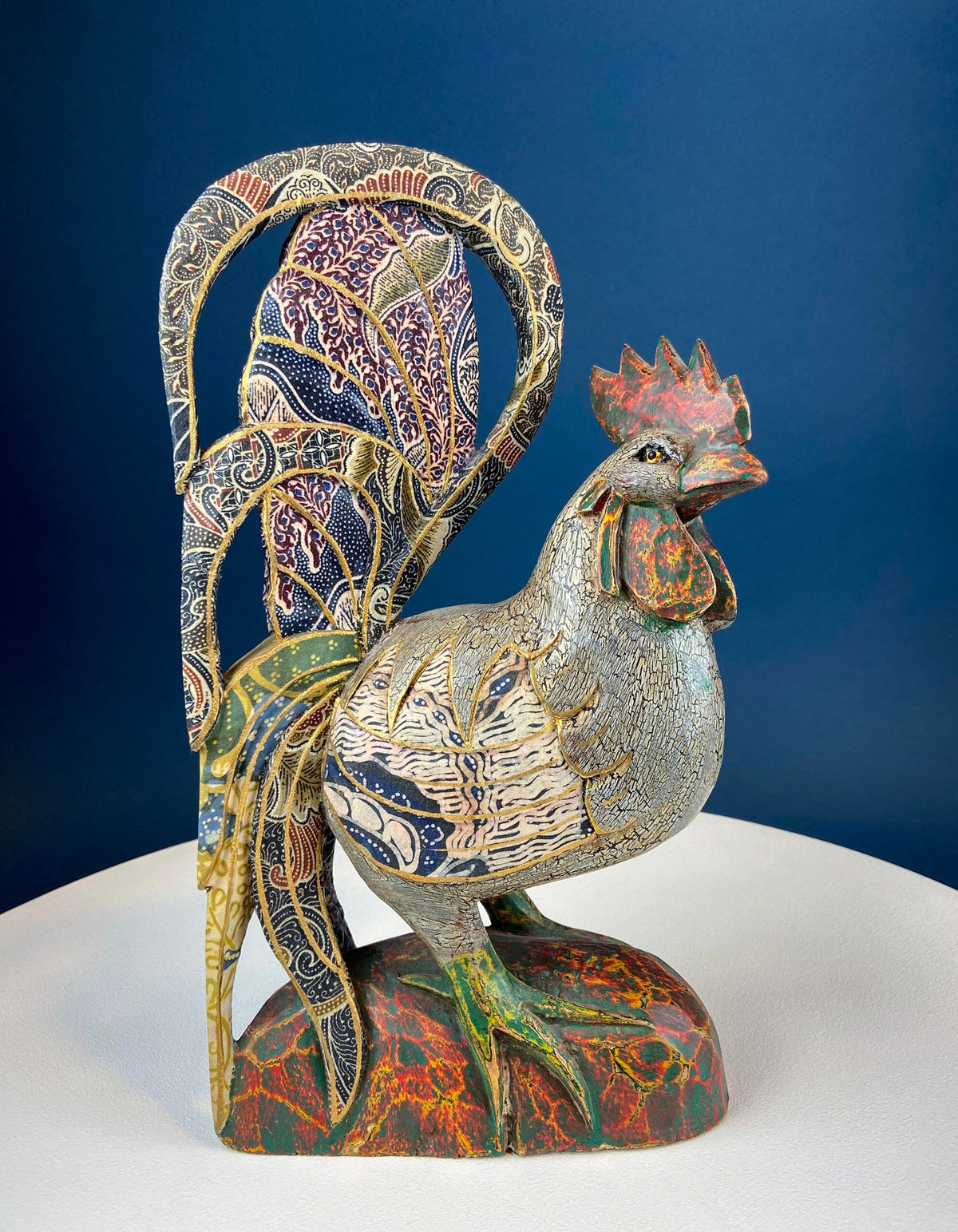 Set of 2 Wooden Hand Carved Rooster Figurines. Wood with Fabric Inlays & Gold Lines. Modern Farmhouse. Fall Decor. Table Centerpiece. Ethnic