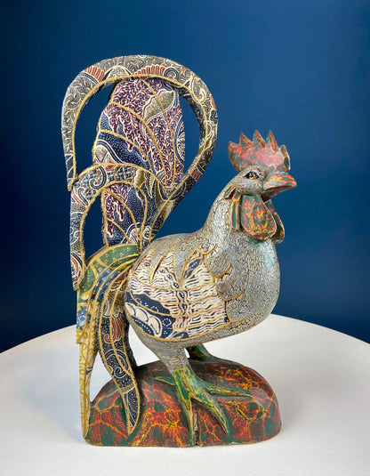 Set of 2 Wooden Hand Carved Rooster Figurines. Wood with Fabric Inlays & Gold Lines. Modern Farmhouse. Fall Decor. Table Centerpiece. Ethnic