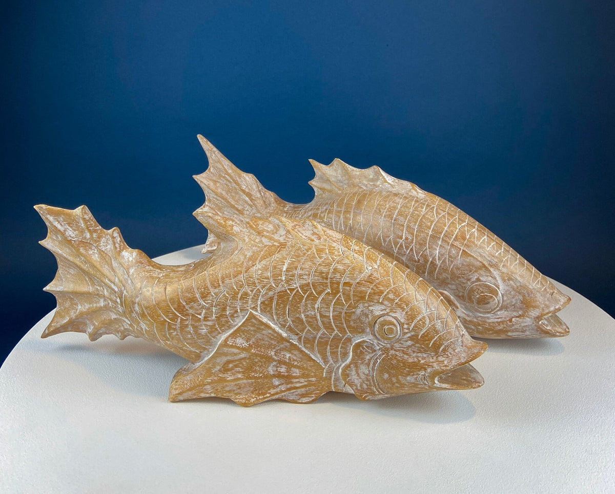 Large Whitewashed Wooden Koi Fish Figurines. Set of Two Fish Sculptures for Tropical Retreat, Second Vacation Home. Gift for Dad, Fisherman.
